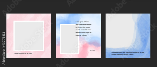 Simple social media layouts with watercolor backgrounds  post templates with place for photos  pastel color design for blog or influencers  for insta promotion