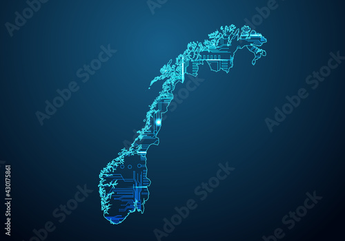 Abstract futuristic map of norway. Circuit Board Design Electric of the region. Technology background. mash line and point scales on dark with map.