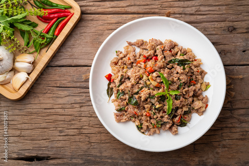 Stir-Fried Minced Pork with Basil on white plate.Top view.
