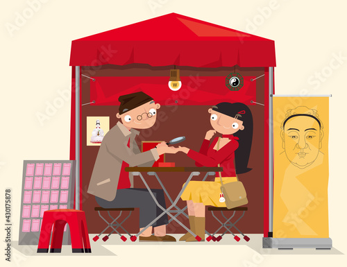 Cartoon illustration of a roadside Chinese fortune teller in Hong Kong