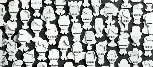 Lots of people's faces made of paper with mouth zipped up. Paper cut design 3D render photo