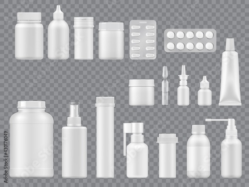 Medical packages and bottles on transparent background, vector mockups of realistic pharmaceutical packaging. 3d white plastic packs, boxes and blisters of pills, spray containers, tube and ampoule