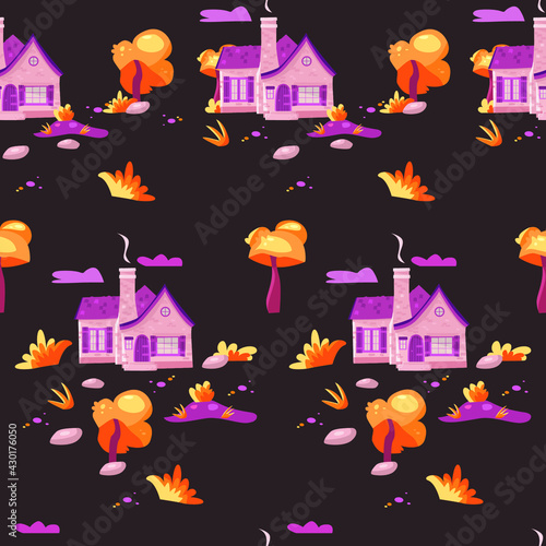 Vector seamless pattern of a cozy home on a gray background. Country house in the village. Perfect for printing fabric, wrapping paper, textile.