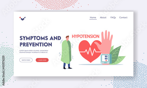 Hypotension Symptoms and Prevention Landing Page Template. Tiny Male Character at Huge Hand with Tonometer