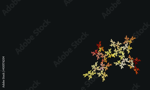 Fantastic floral composition on black background. Fractal repeatable buds in orange  yellow  red and green colors. Great as fabric print  banner or backdrop design.