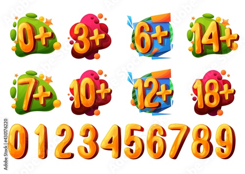 Age limit or restriction vector icons and signs. Cartoon bubbles, kids age year numbers, colorful paint splashes and spots, stars and comic clouds, video game and television content rating marks