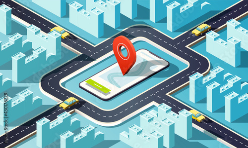 Isometric city with many buildings, streets, roads, cars and location pin.