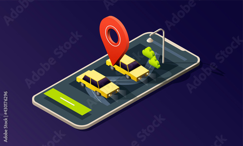 Isometric phone with map, road, taxi cars and location pin on dark background. © katekruglova.art