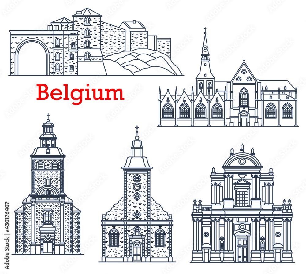 Belgium travel landmarks of Namur and Stavelot, vector cathedrals and churches architecture line icons. Belgium landmarks of Church of Our Lady in Hasselt, St. Quentin Cathedral and Namur citadel fort