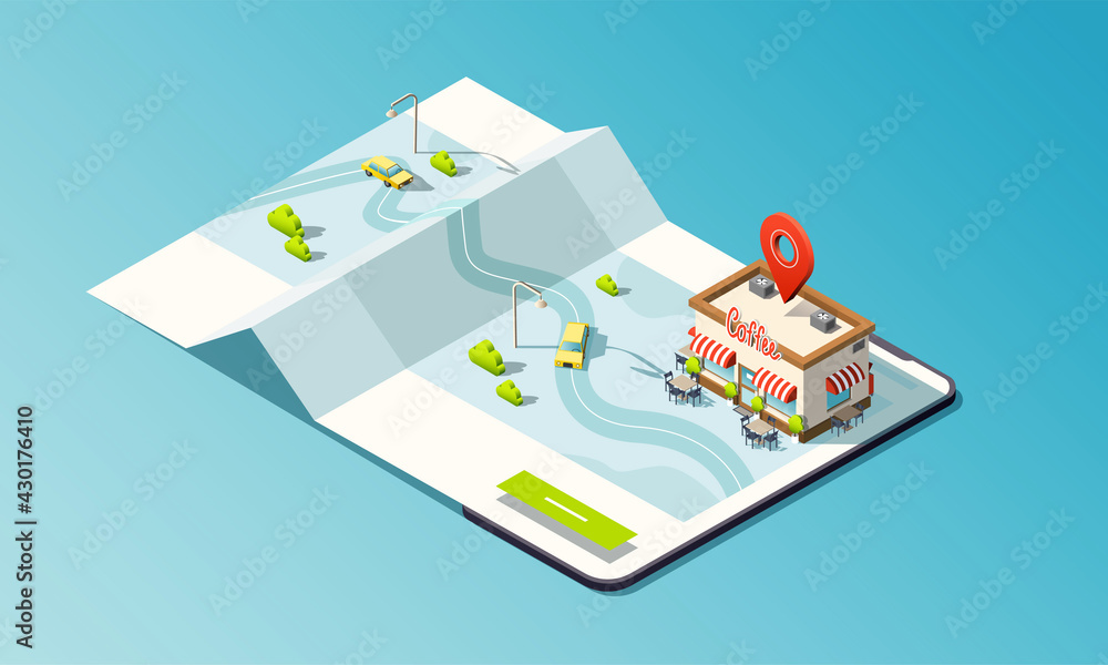 Isometric phone with map, coffee house and taxi car. 