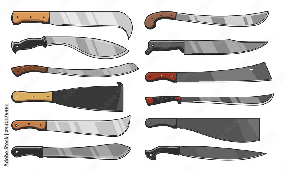 Vecteur Stock Knife blades and cleavers, combat and agriculture cutters,  vector icons. Blade knives tribal and traditional chef butcher cutting tools  and hunt weapon, machete, dagger or saber sword and ax hatchet