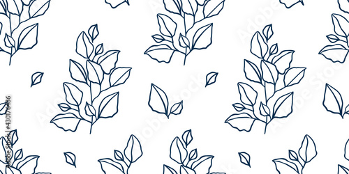 Blue vector floral leaves seamless pattern. Line art. Silhouette leaf hand drawn inks by brush on modern style. Decorative natural ornament for print textile, wrapping paper, fabrics, covers.