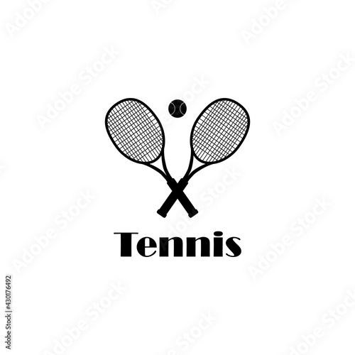 Vector logo. Crossed tennis rackets with a ball and text on a white background.