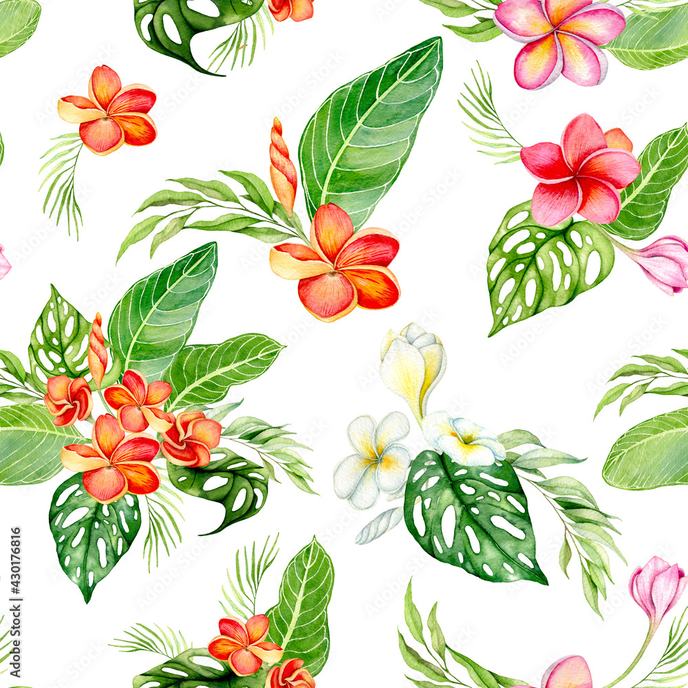 Watercolor hand drawn tropical leaves and flower bouquet arrangements seamless patter. Watercolor hand drawn tropical leaves and flower bouquet arrangements seamless patter.