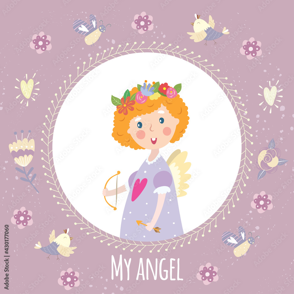 PrintA little angel boy with a bow stands on a cloud. PrintA little angel boy with a bow stands on a cloud.