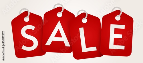 Banner template with sale word on hanged clothes tag label. Poster for promotion campaign and business strategy due to economy shopping. Vector illustration isolated on white background