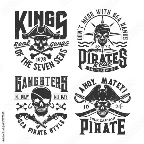 Pirates skulls with weapons t-shirt print template. Corsairs Jolly Roger flag symbols, apparel vector print with filibuster, privateer skulls, pistols and swords, crossed bones and vintage typography
