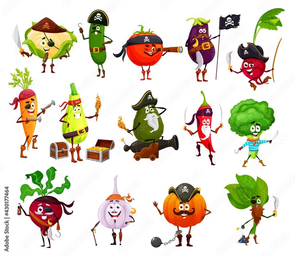 Pirate, corsair and buccaneer vegetable cartoon characters. Cute vector  carrot, tomato, broccoli and pepper, garlic, radish, spinach, pumpkin and  zucchini with pirate flag, hats, swords and sabers Stock Vector | Adobe  Stock