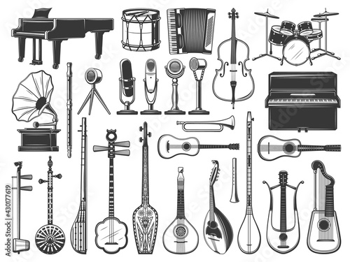 Music instruments icons, drum, violin, guitar and piano, vector. Orchestra classic and folk music instruments, flute, trumpet and jazz saxophone, acoustic banjo and harp, concert tambourine and drums