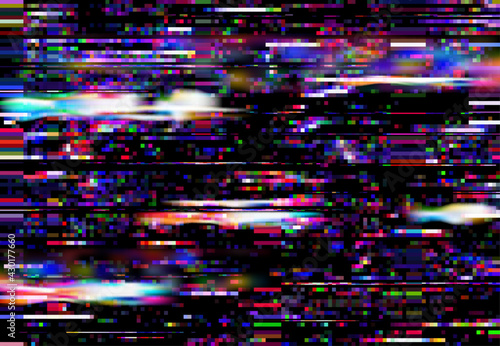Glitch screen background, TV signal loss or monitor fail. Square color pixels noise vector backdrop. Television broadcast fail, program error or bug, broken computer screen effect
