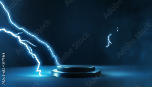Dark empty podium scene for product presentation with blue dramatic glowing lightning strike vector