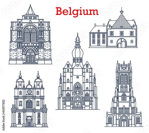 Belgium landmarks, cathedrals in Tongeren, Dinant and Diest city architecture. Belgium travel landmarks, Saint-Hubert church, Basilica of Our Lady, Collegiate Church and Herkenrode Abbey photo