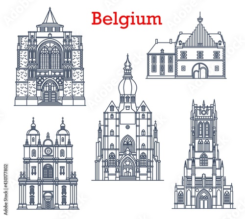 Belgium landmarks, cathedrals in Tongeren, Dinant and Diest city architecture. Belgium travel landmarks, Saint-Hubert church, Basilica of Our Lady, Collegiate Church and Herkenrode Abbey