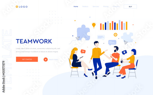 Teamwork concept website template. Office workers are brainstorming for new ideas. Digital business illustrations