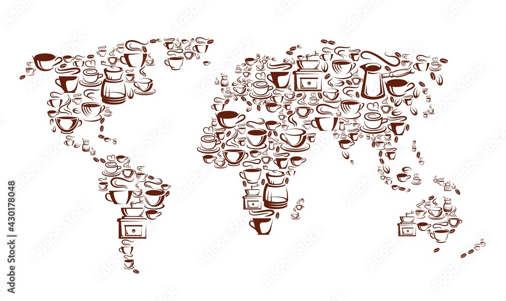 Steaming coffee cups, pots and beans, vector world map with brown mugs and cups of hot espresso, cappuccino or latte drinks, coffee bean grinders and cezve. Coffee shop, restaurant or cafe design - obrazy, fototapety, plakaty 