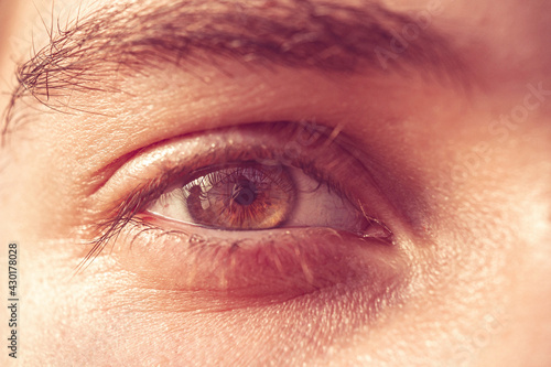 European guy's eye close up. part of the face macro. the eyeball is extremely close. Human pupil photo