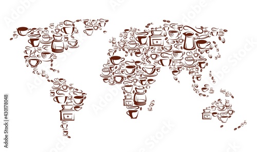 Steaming coffee cups, pots and beans, vector world map with brown mugs and cups of hot espresso, cappuccino or latte drinks, coffee bean grinders and cezve. Coffee shop, restaurant or cafe design