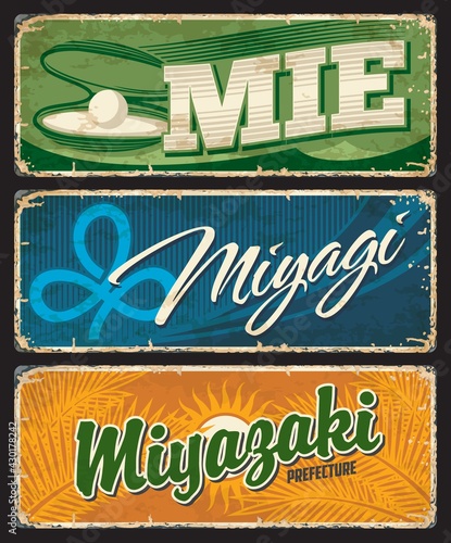 Mie, Miyagi and Miyazaki Japan prefecture tin vector plates. Japanese region old plates with vintage typography, territory symbols and pearl in mussel, phoenix palm leaves. Asian travel sign