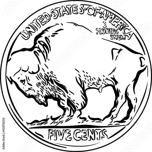 Black and white American money 5 Cent Coin, Reverse of Buffalo nickel with American Bison