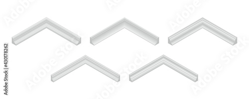 Vector illustration different shapes skirting boards for wall or floor isolated on white background. Set of realistic white baseboard icons in flat cartoon style. Isometric plastic or wood moldings.