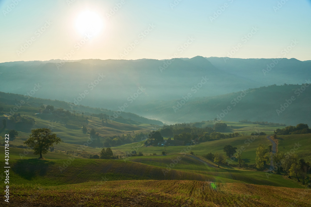 Early morning on the hills of Emilia Romagna, Italy - Italian landscape. 