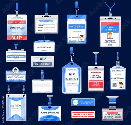 Identification ID badges and cards vector design of holders with neck lanyard and retractable reel clips. Name tags and access cards with photo, employee and company name layouts