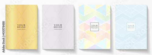 Modern cover design set. Abstract creative line pattern (geometric ornament) in gold, silver, blue, color block colors. Formal vector layout for notebook, business background, brochure template