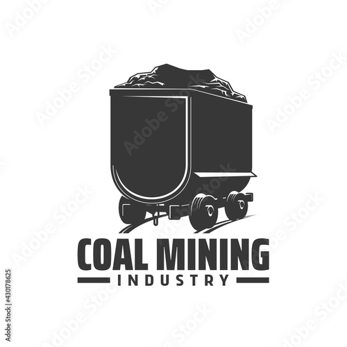 Coal mining industry icon, vector emblem mine trolley on rails. Miner equipment, railroad cart with fossil mineral resource isolated on white background. Monochrome minecart with quarry production