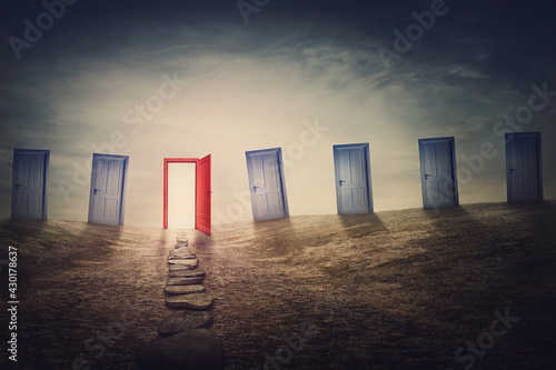 Decisive choice concept. Choose the right door for future success. Mysterious and surreal scene with multiple doorways in an open meadow and a pathway leading to a red gateway. Great life opportunity photo