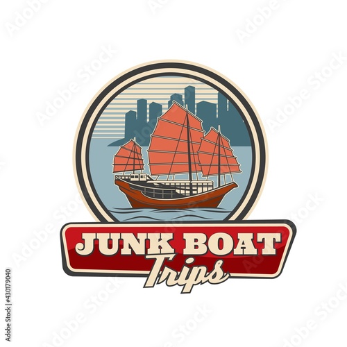 Junk boat with red sail, Hong Kong travel icon, vector sailboat in Chinese harbor. Retro emblem for traveling agency service, asian marine trip on vintage wooden vessel isolated on white background