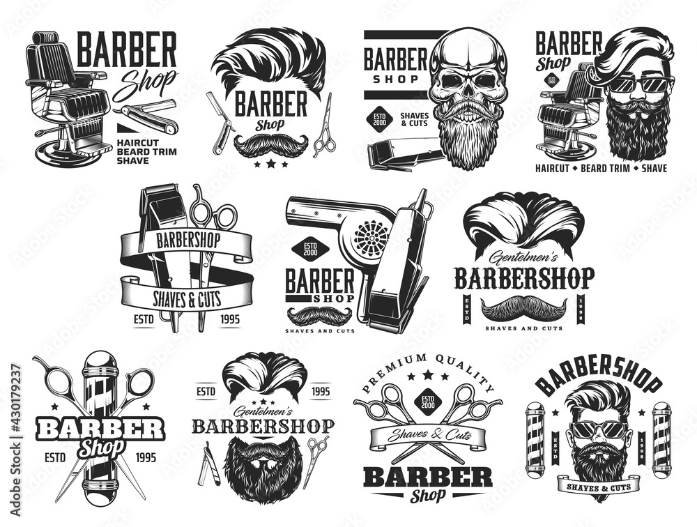 Barbershop vector icons with beard and hair barber shop pole, hipster man skull, razor or shave blade. Hairdresser chair, haircut clipper, mustache brush and scissors, gentleman grooming saloon design Barbershop vector icons with beard and hair barber shop pole, hipster man skull, razor or shave blade. Hairdresser chair, haircut clipper, mustache brush and scissors, gentleman grooming saloon design