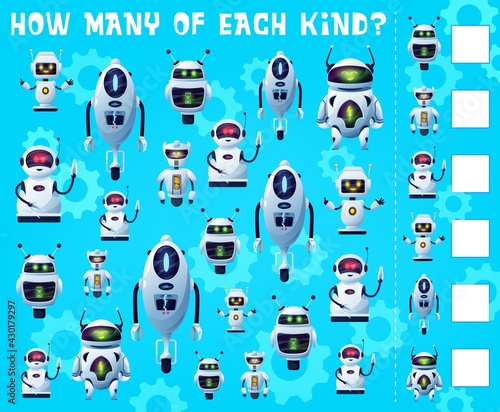 Kids I spay game with robots and droids, tabletop guess game, vector. I spay game for kids with cartoon futuristic robots, androids and cosmic alien characters, children brain activity leisure game