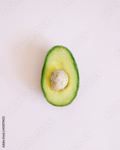 green avocado with shell in the center.minimal concept on the white background