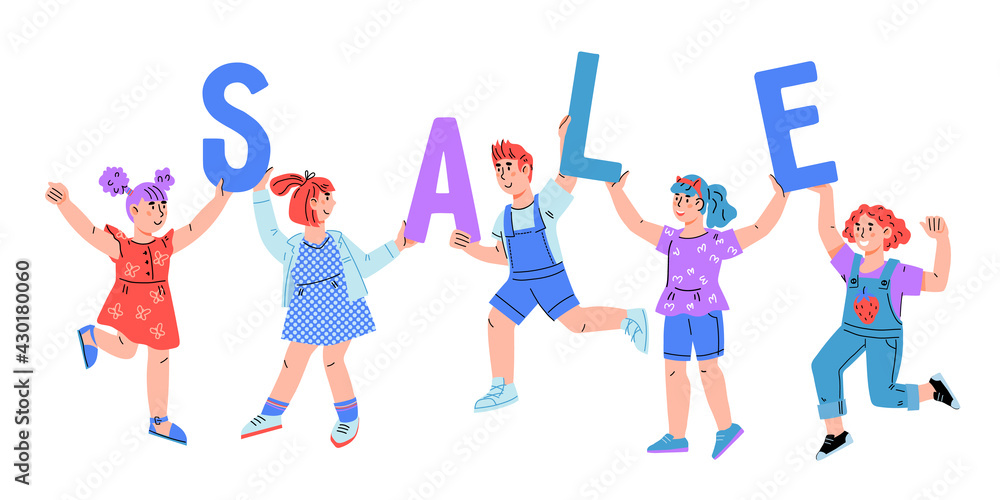 Happy children holding big SALE letters. Template of banner or poster for summer and spring spring kids goods sale, cartoon vector illustration isolated on white. Happy children holding big SALE letters. Template of banner or poster for summer and spring spring kids goods sale, cartoon vector illustration isolated on white.