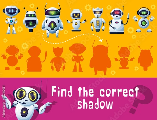 Find robot shadow, game for kids, tabletop or board game, vector puzzle. Find and match shadow of cartoon robot droid or alien cosmic android characters, children leisure game entertainment