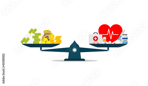 Money or health. Scale of balance between money, dollar and medicine, pill. Cost of health. Compare of price healthcare and healthy. Seesaw between wealth and healthy. Treatment or savings. Vector