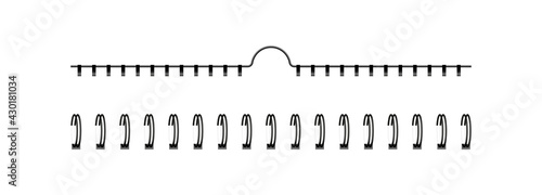 Bind spring of spiral. Ring of spiral for notebook or calendar. Metal wire of binder clip. Mockup for book, diary, notepad isolated on white background. Realistic steel stationery for office. Vector