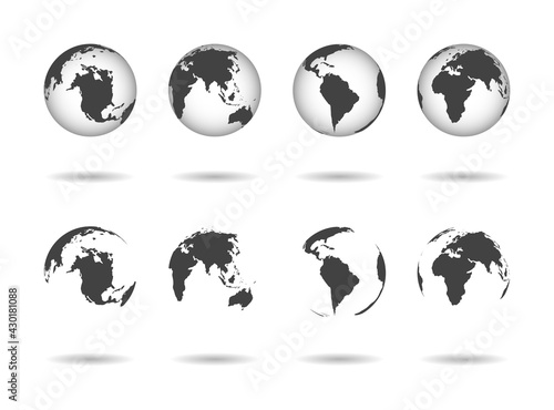 Globe earth. Icons of world maps. Set of 3d globus with europe, asia, africa, usa, australia and china. Gray simple planets on transparent background. Design graphic for logistics and travel. Vector