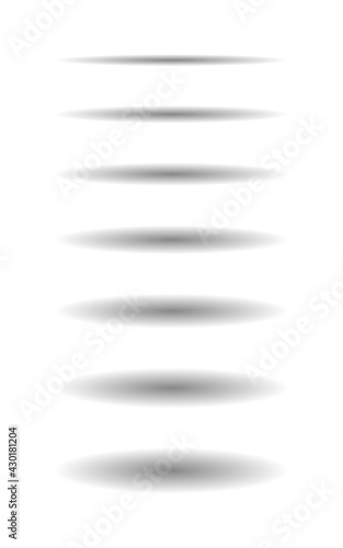 Oval shadow. Realistic black shadow object isolated on white background. Round transparent divider for banner. Mockup of small and large gray oval with effect. Vector