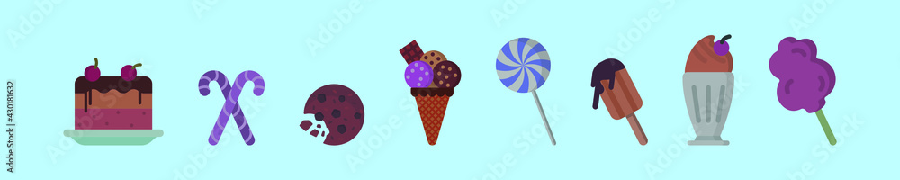set of sweets dessert food cartoon icon design template with various models. vector illustration isolated on blue background set of sweets dessert food cartoon icon design template with various models. vector illustration isolated on blue background
